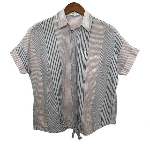 Madewell Tie-Front Crop Shirt Size Small Short Sleeve Rawley Stripe - Picture 6 of 7